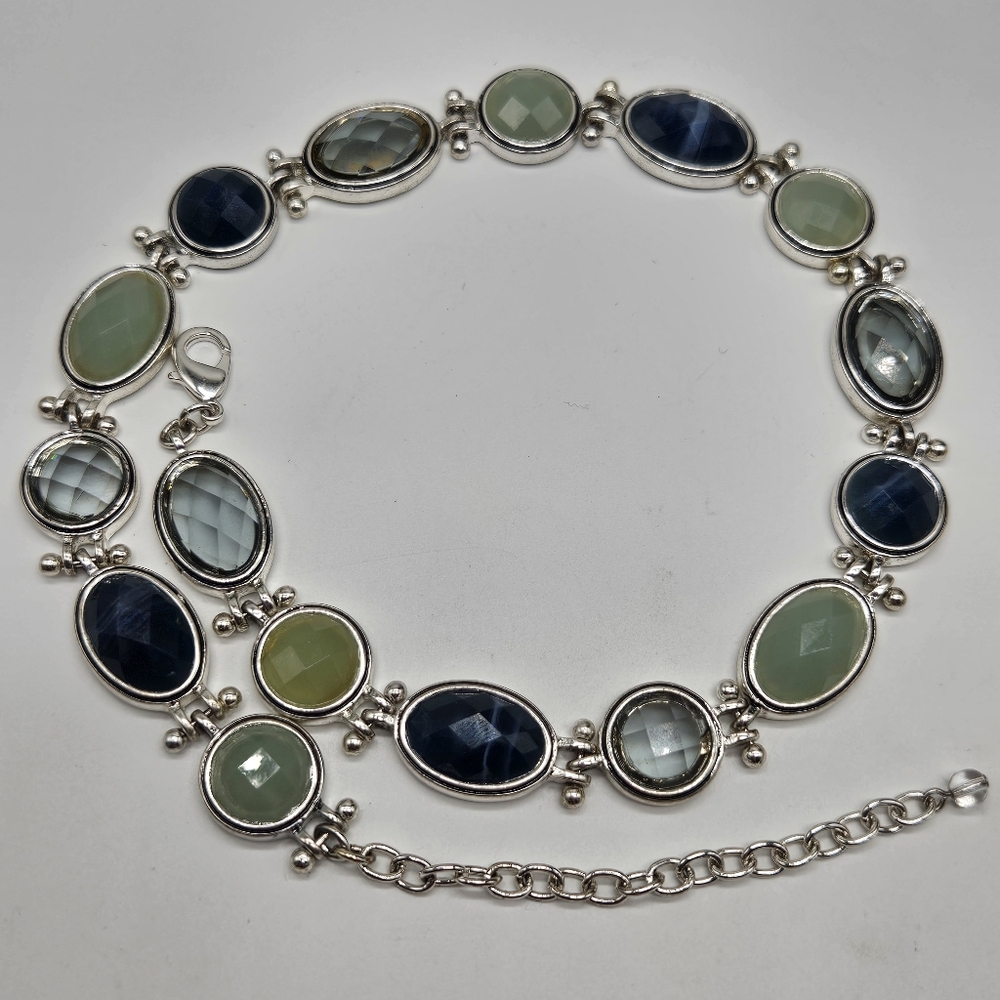 Silver Tone Necklace Faceted Blue Green Stone Unique Bar Design Adjustable 16-19